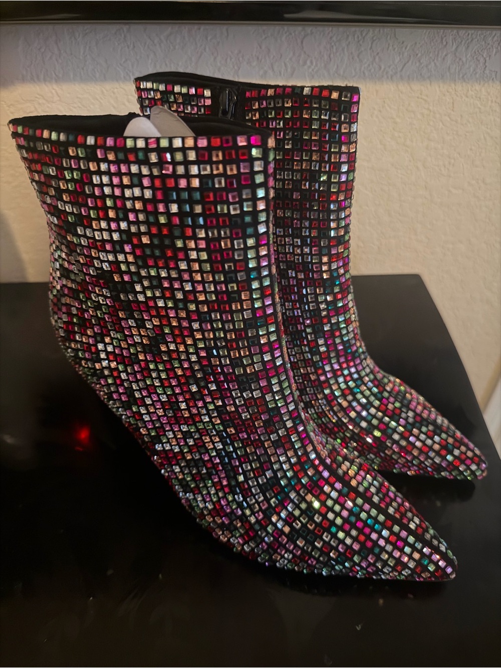Wild Pair Multicolor Crystal Square-Stud Pointed Toe Ankle Boots
